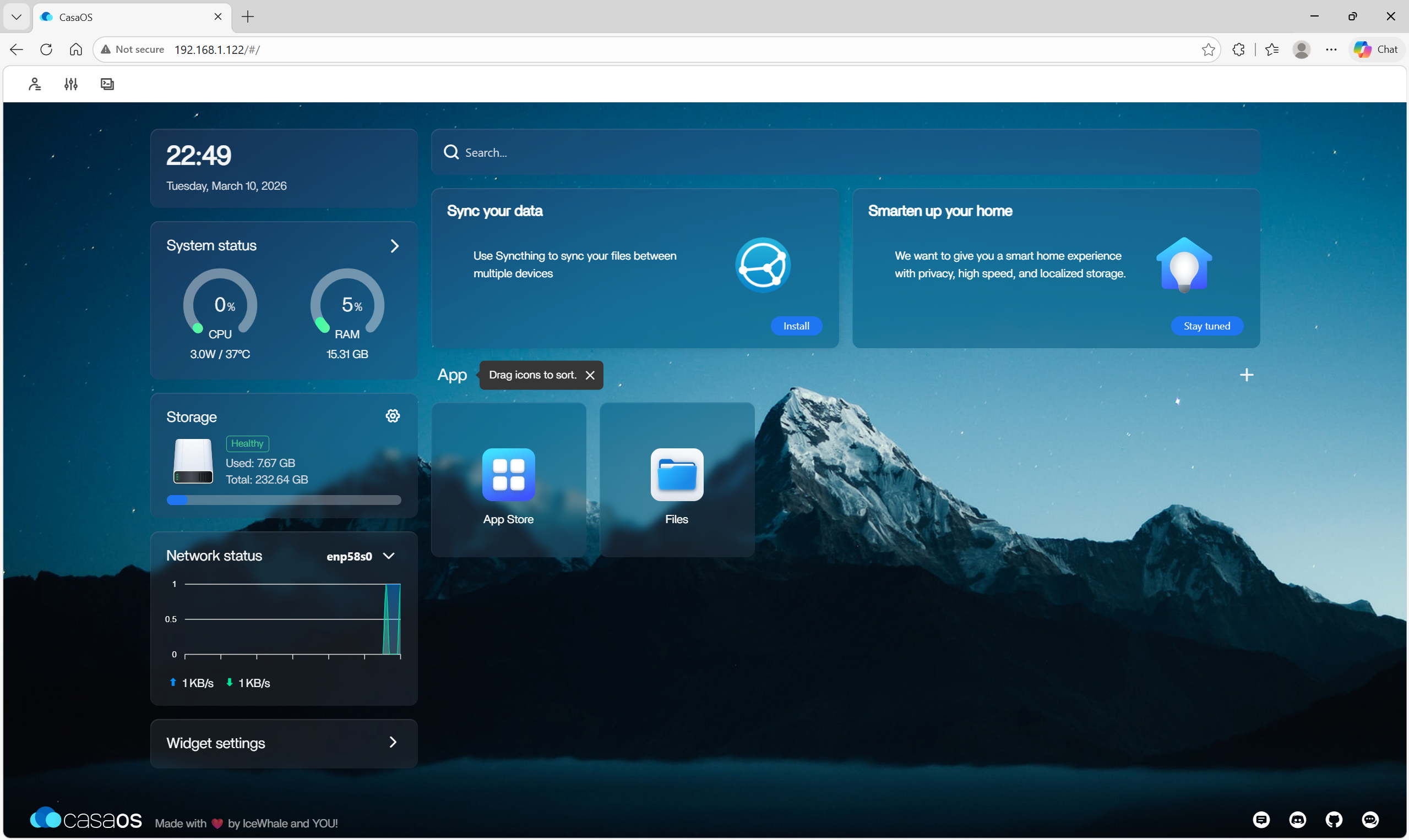 CasaOS dashboard running on the home lab server