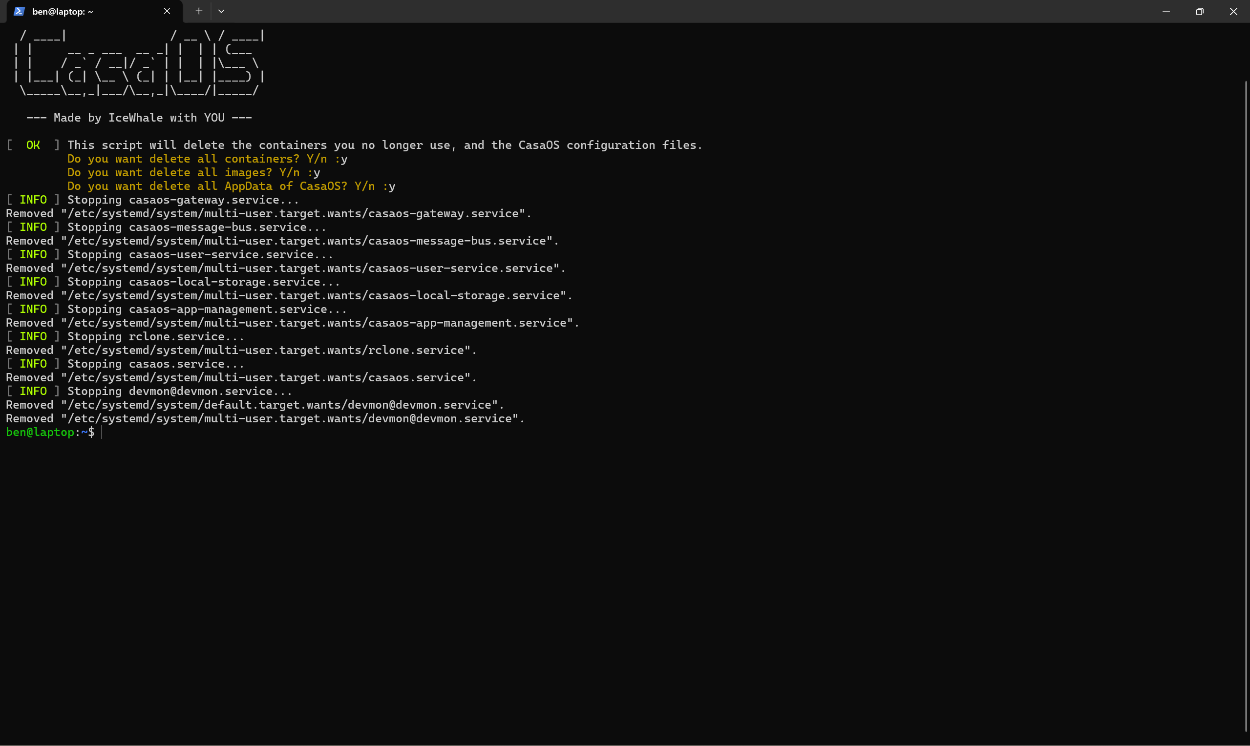 Terminal output showing CasaOS removal from the server