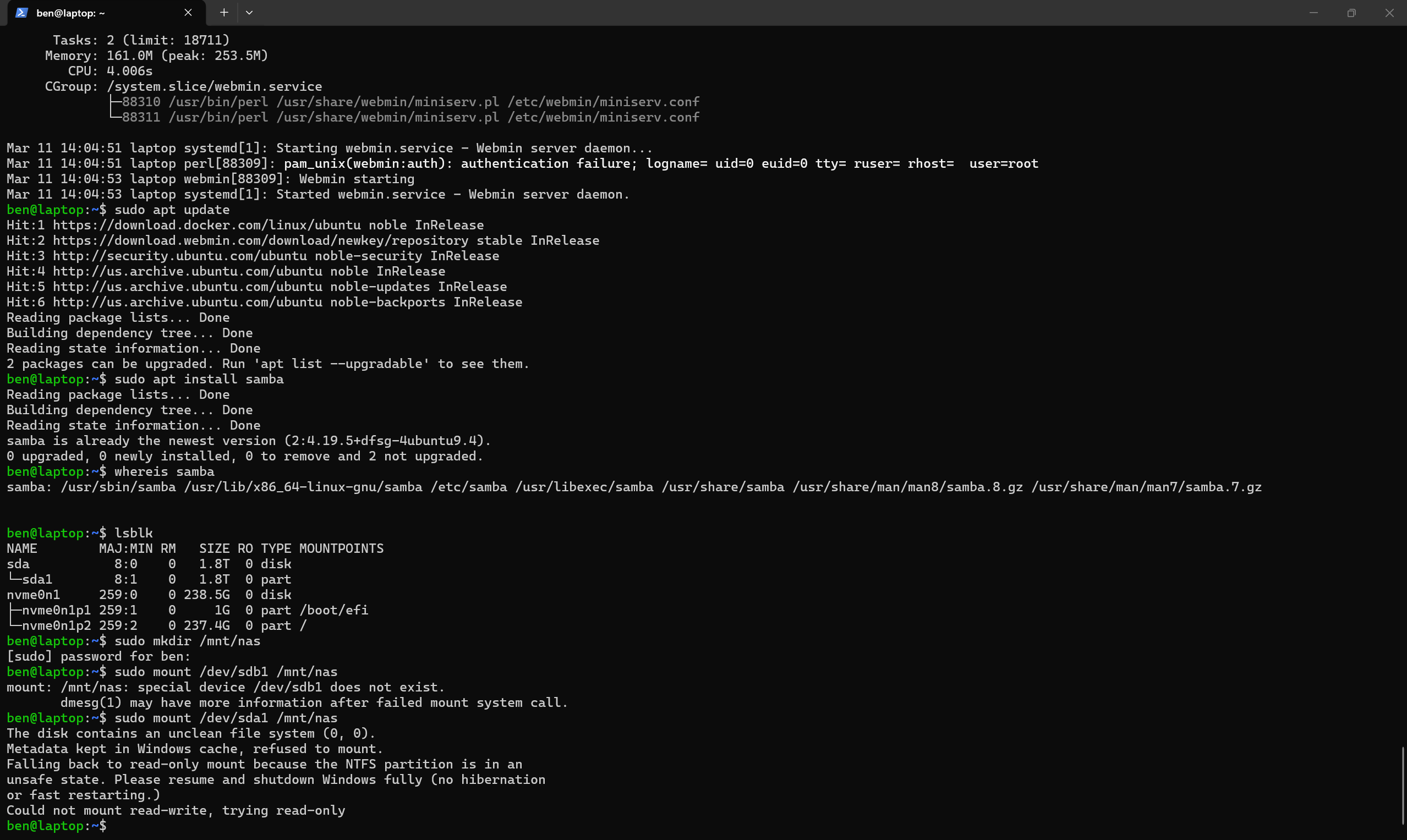 Terminal showing NTFS mount failure due to unclean filesystem state