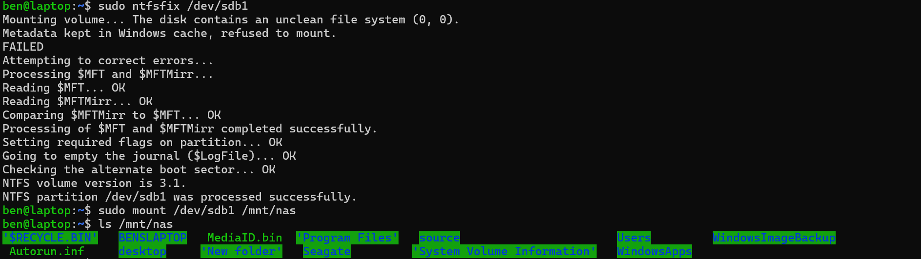 Terminal showing ntfsfix and successful mount of the drive