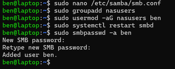 Terminal output showing Samba group and user setup