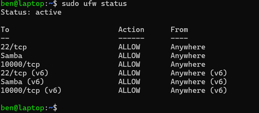 UFW status output showing firewall rules for SSH, Samba, and Webmin