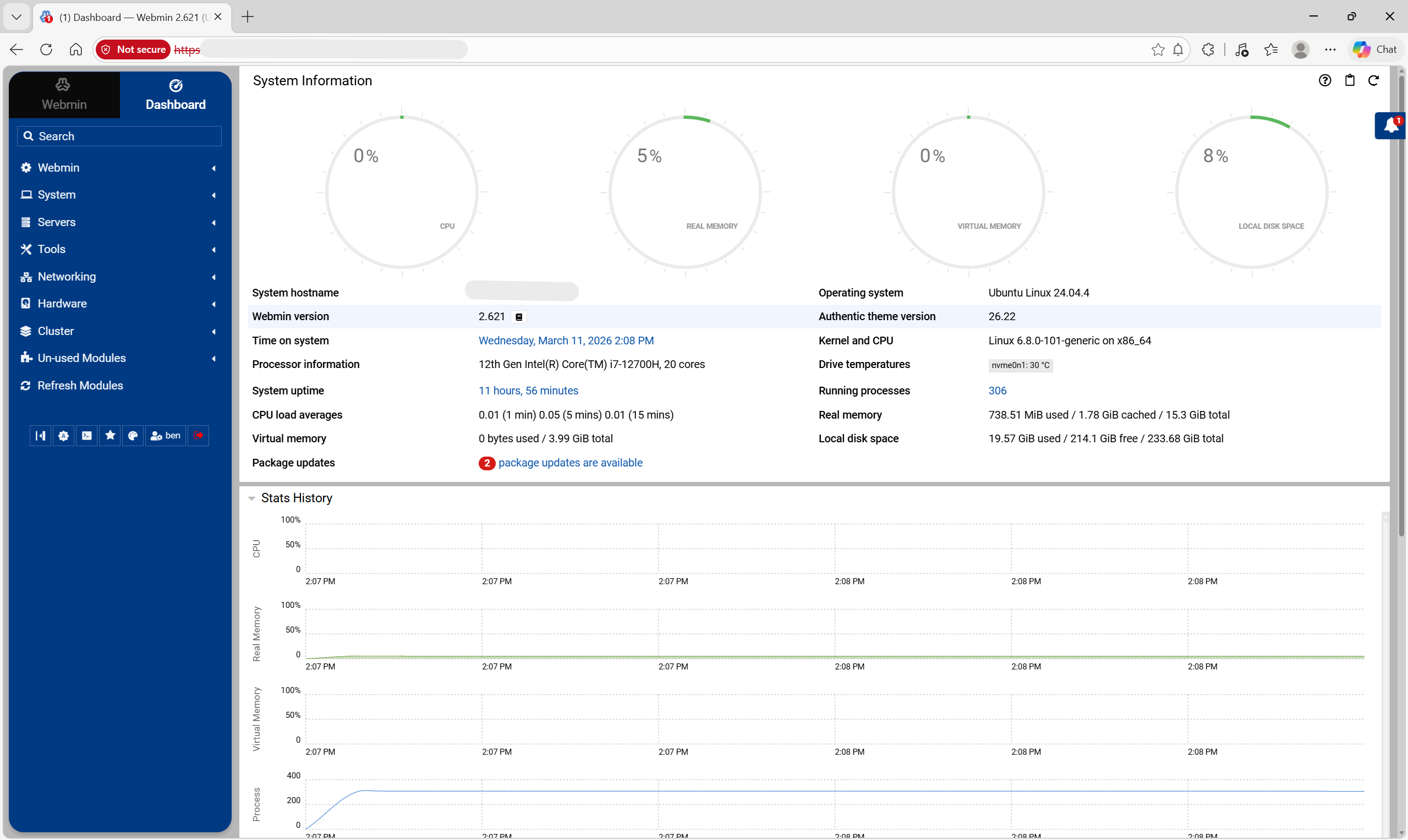 Webmin dashboard for the repurposed laptop home lab server