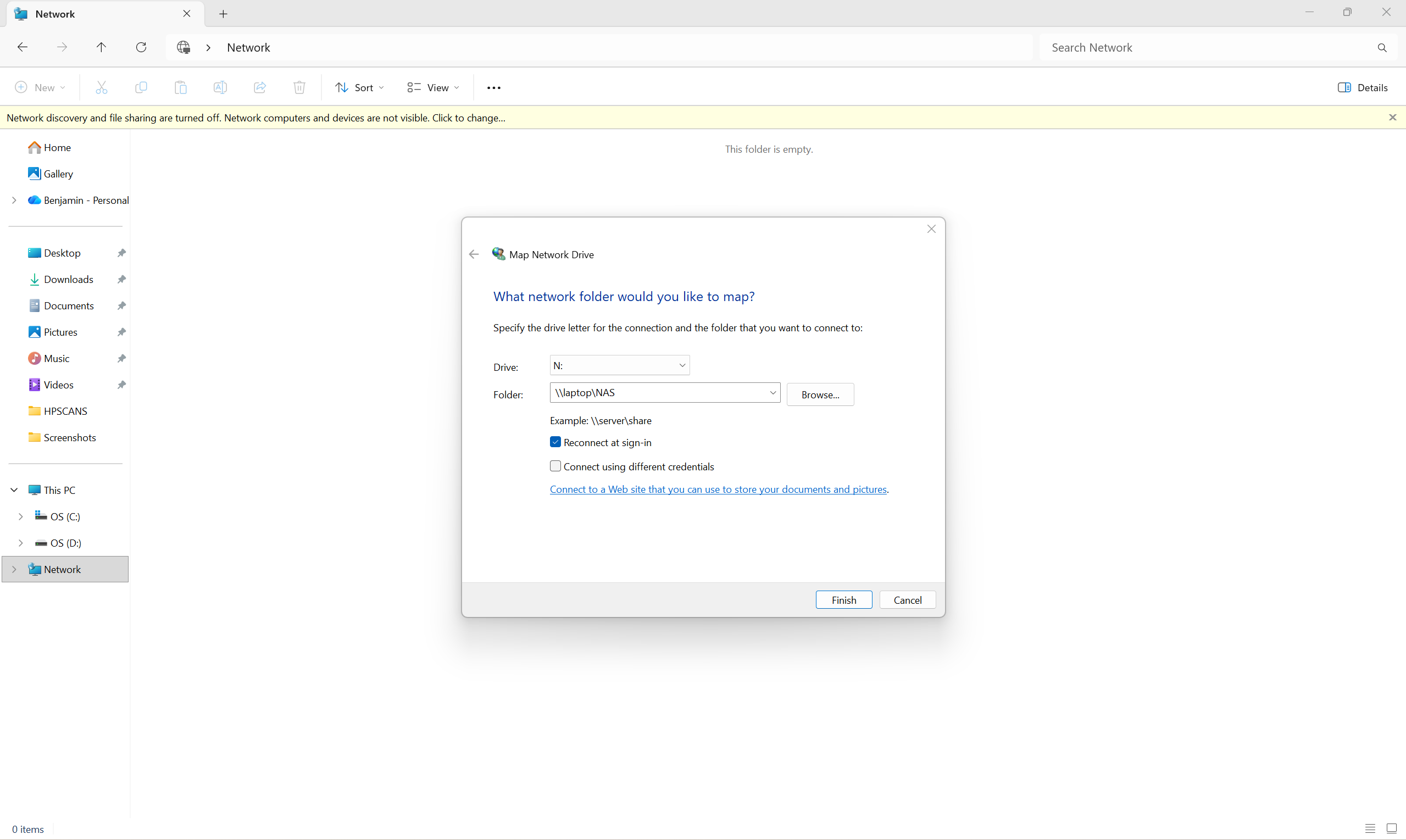 Windows map network drive dialog pointing to the NAS share